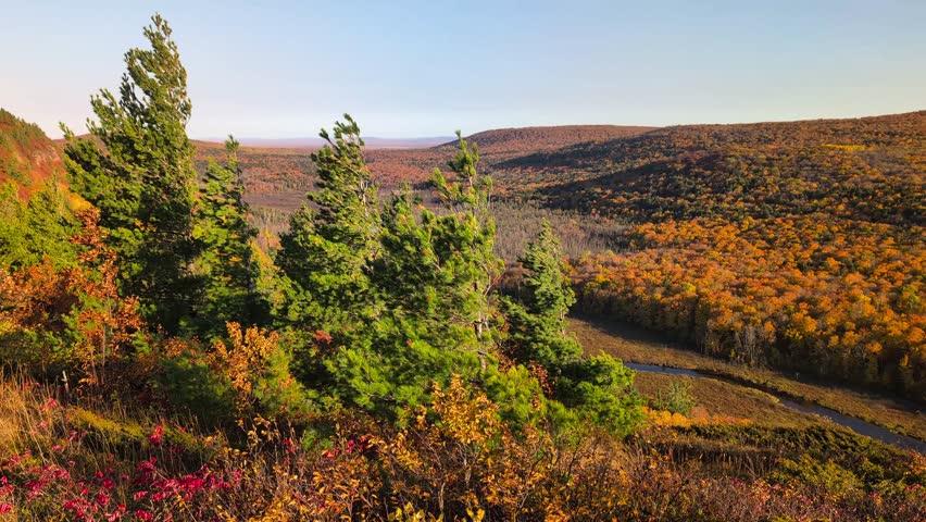 Autumn view of Porcupine Mountains State Park from the Escarpment Trail in northern Michigan