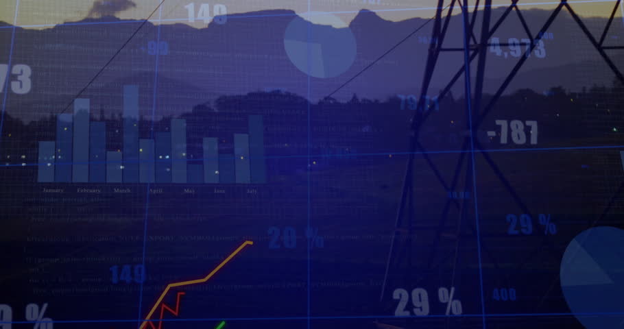 Sunset horizon driving tower sliding to center while line graphs rising, showing energy trends. Technology, analytics, visual, infrastructure, data, digital, industrial