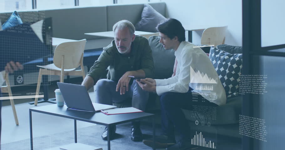 Business duo studying cloud charts, woman passing sparking graphs rising, comparing phone metrics. Collaboration, innovation, data, technology, workspace, analytics, digital