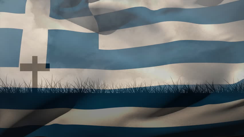 Light breeze rising over grass causing Greek flag stripes waving around cross for real wind effect. Patriotic, symbolism, movement, outdoor, fabric, dynamic, spiritual