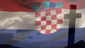 Upon dusk arrival, Croatian flag billowing over clouds, hills and cross, honoring national heritage. Patriotism, national pride, symbolic, landscape, twilight, memorial, movement - Powered by Shutterstock - Get 15% off with code: PIKWIZARD15
