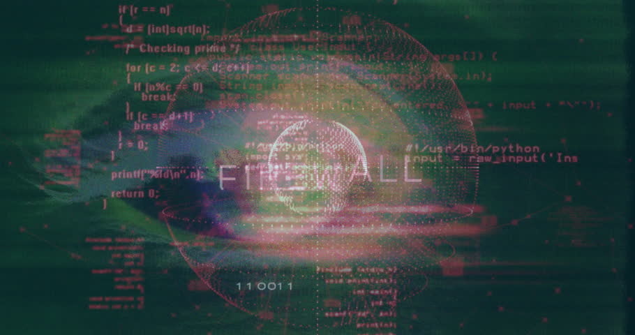 Glitchy code streaming over firewall sphere initiating icons linking illustrating secure network. Cybersecurity, digital, technology, network, protection, system, interface