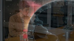 Man joining call showing globe hologram at tech meeting, female colleague pointing map. Technology, innovation, collaboration, digital, futuristic, communication, business - Powered by Shutterstock - Get 15% off with code: PIKWIZARD15