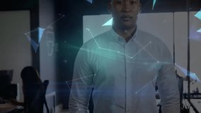 Businessman standing in office, network lines fading in and revealing rotating holographic globe. Technology, innovation, connectivity, digital, futuristic, data, corporate - Powered by Shutterstock - Get 15% off with code: PIKWIZARD15