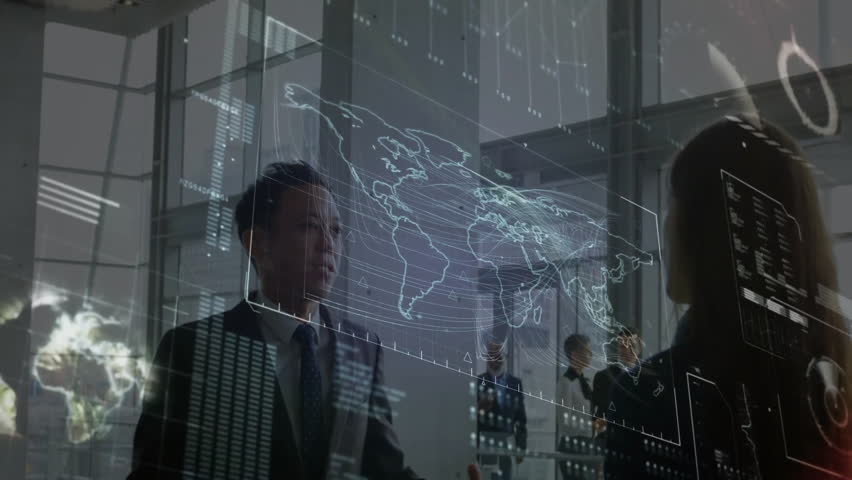 Business analyst presenting holographic map in meeting, colleagues joining for data analysis. Technology, innovation, collaboration, analytics, data visualization, corporate, futuristic - Powered by Shutterstock - Get 15% off with code: PIKWIZARD15