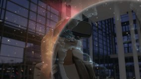 Businesswoman in VR headset raising hand summoning globe and exploring continents in tech atrium. Futuristic, innovation, immersive, digital, technology, corporate, interactive - Powered by Shutterstock - Get 15% off with code: PIKWIZARD15