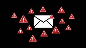 warning email icons, representing email threat, phishing attack, malware, data breach, cybersecurity alert, scam message, spam risk, and online fraud protection - Powered by Shutterstock - Get 15% off with code: PIKWIZARD15