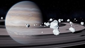A high-resolution cinematic space scene featuring a massive ringed planet surrounded by floating asteroids and cosmic dust. The rocky debris slowly orbits around the glowing planetary rings under a st - Powered by Shutterstock - Get 15% off with code: PIKWIZARD15