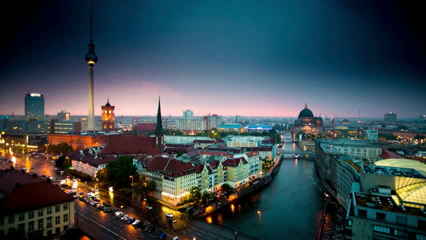 Panoramic Night View of Berlin Cityscape with River and Television Tower