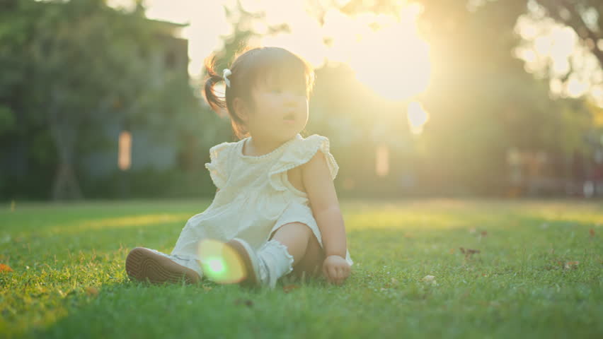 Happy little asian baby girl sitting on green grass lawn, touching and exploring nature in backyard garden during summer, sunlight sunset – learning, growth and outdoor fun