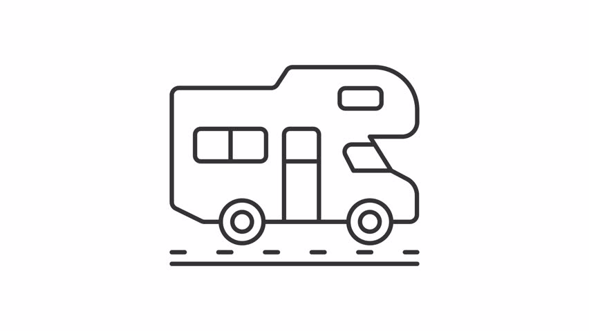 Animated camper van driving line icon. Travelling by motorhome animation. Vehicle for transport and sleeping accommodation. Outline element on white background. HD video with alpha channel