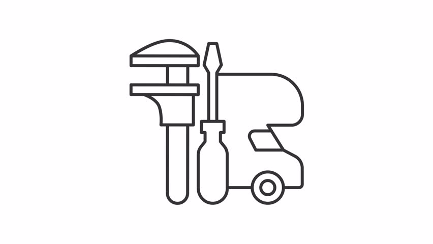 Campervan repair service line animation. Motorhome with tool kit animated icon. Remodeling and maintenance of touristic automobile. Outline element on white background. HD video with alpha channel