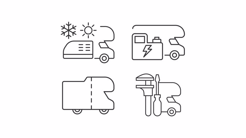 RV service line animation set. Maintaining equipment of camper vans animated icons. Transport for comfortable nomadic vacation. Outline elements on white background. HD video with alpha channel