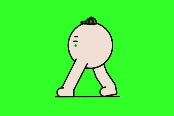 Cartoon character walking slowly on a green background.