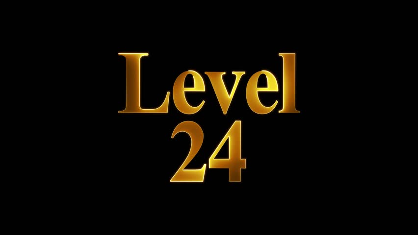 Level 24 text animation by yellow color neon mask glow on black background.