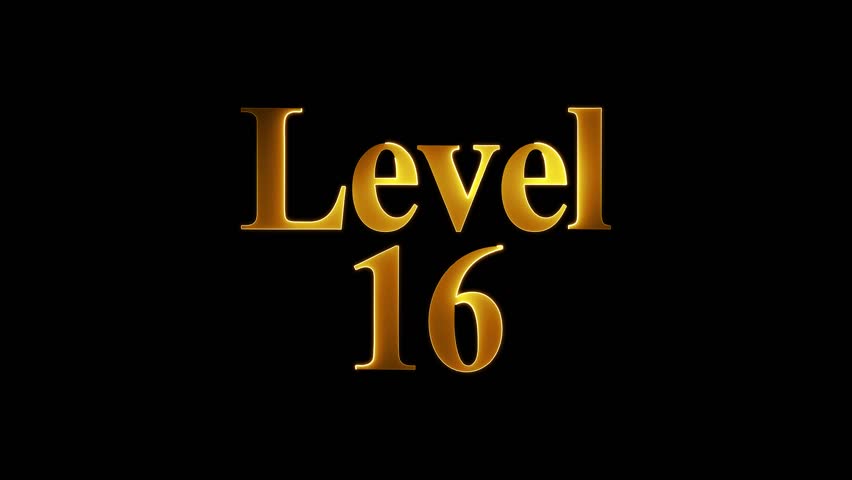 Level 16 text animation by yellow color neon mask glow on black background.