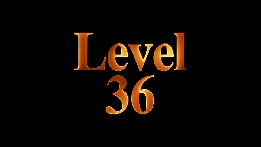 Level 36 text animation by yellow color neon mask glow on black background.