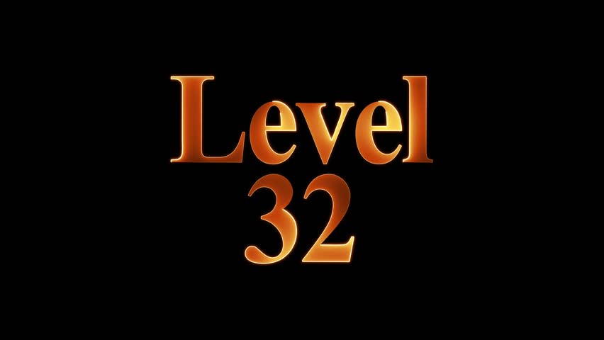 Level 32 text animation by yellow color neon mask glow on black background.