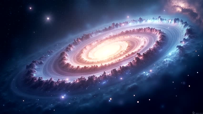 The galaxy's core shines bright with intense golden and pink light, surrounded by vast spiral arms filled with millions of stars twinkling in shades of purplish blue and purple.