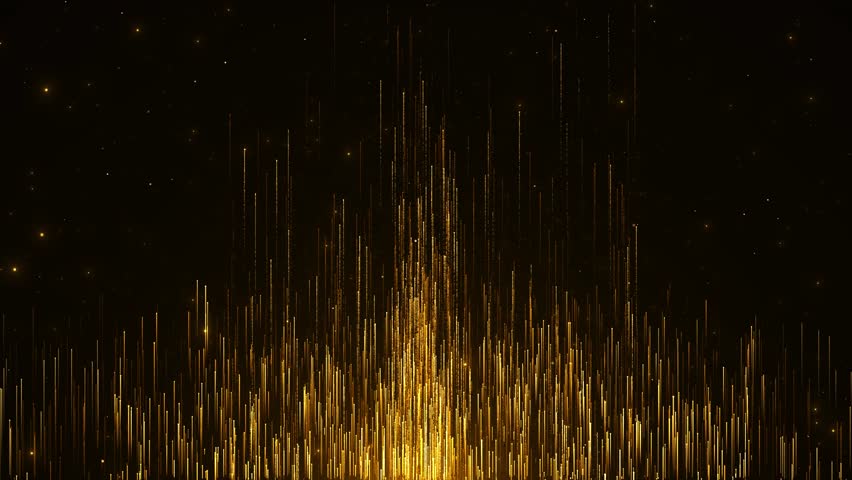 Golden curtain particles rising and shining bokeh lights floating. awards ceremony, party celebrations. particles wave stage screen background. event awards trailer titles cinematic concert stage loop