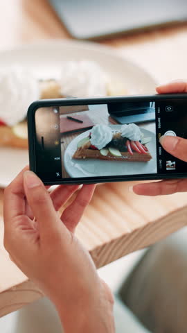 Hands, woman and phone screen with food at cafe of social media post, dessert update and influencer. Person, mobile and photography with meal picture, breakfast blog and content creator at restaurant
