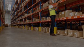 Warehouse worker scanning label and activating animated HUD rings with profile icons for inventory. Industrial, logistics, technology, data, management, operational, digital - Powered by Shutterstock - Get 15% off with code: PIKWIZARD15