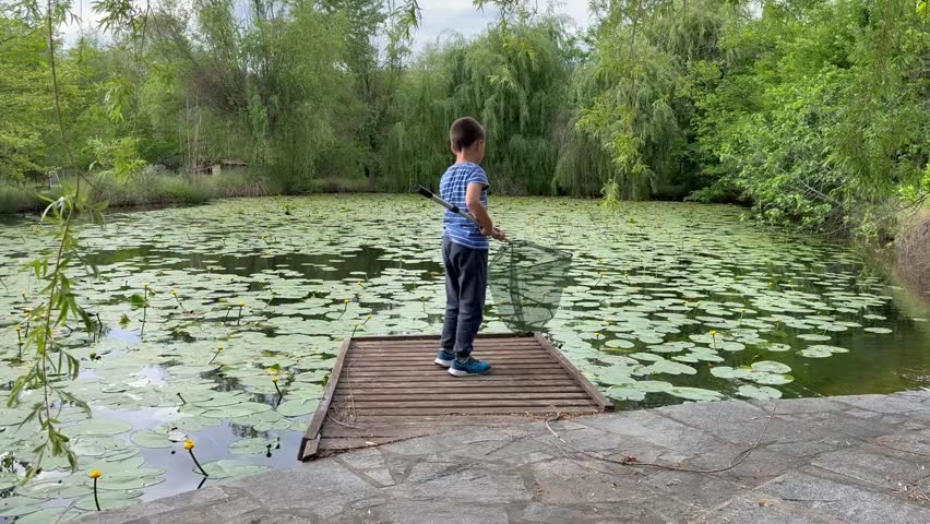A child fishes in a pond covered with lily pads, standing on a small wooden platform