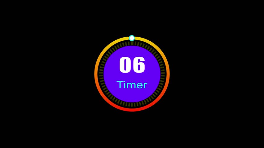 6 seconds digital clock countdown timer animation. 3d countdown timer animation from 6 to 0, inside a 3d yellow and red circle on black background emergency timer countdown animation.