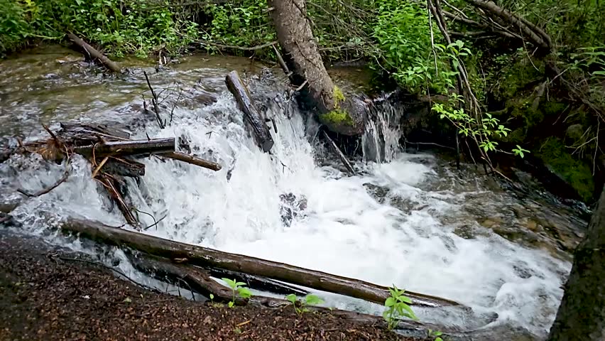 Slow motion footage of a creek in Breckenridge, Colorado. There is debris in the creek.
