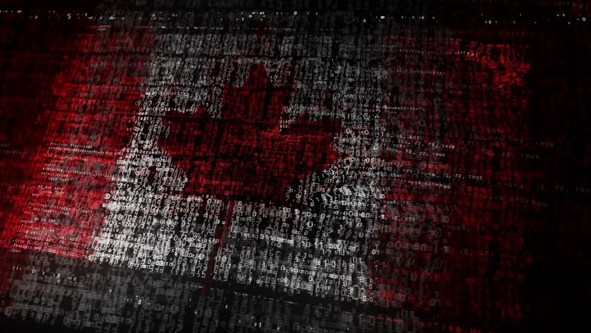 Canada flag waving secure code. Canadian blowing banner cyber security attack and hack concept animation.