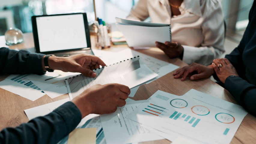 Business, hands and people with documents in office for data analysis, company report or performance review. Financial analyst, team and paperwork for finance forecasting, budget planning or strategy - Powered by Shutterstock - Get 15% off with code: PIKWIZARD15