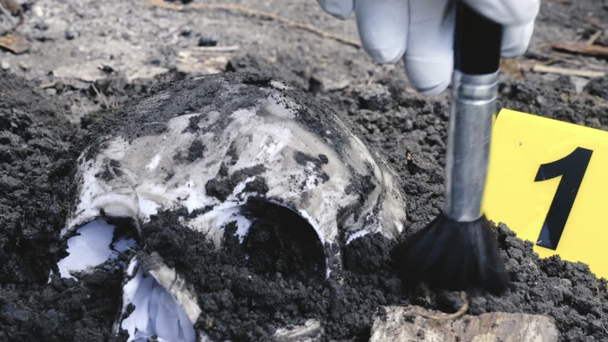 Forensic archeologist cleans human skull evidence at police crime scene