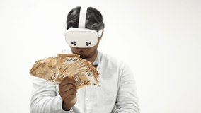 Virtual reality professional counting euro banknotes, showcasing innovative digital finance and emerging metaverse economic technologies on pristine white background - Powered by Shutterstock - Get 15% off with code: PIKWIZARD15