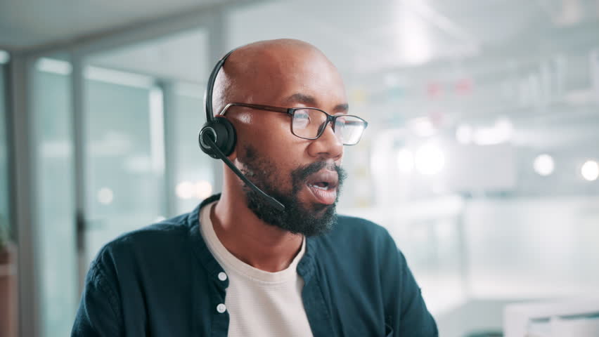 Call centre, stress and black man in office, headache or fatigue with pain, mental health or overwhelmed. African person, customer service or employee with burnout, exhausted or migraine with anxiety