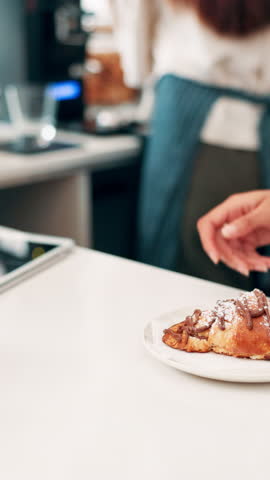 Hands, woman and giving food at cafe for client order, customer service and collect meal. People, waitress and serving coffee and purchase for breakfast, hospitality industry and consumer checkout