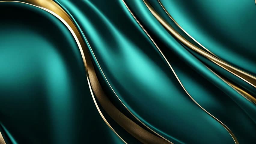 an elegant abstract background with a rich and deep teal gradient, blending harmoniously with shimmering gold lines. The soft and wavy satin texture gives this visual a luxurious and dynamic feel.