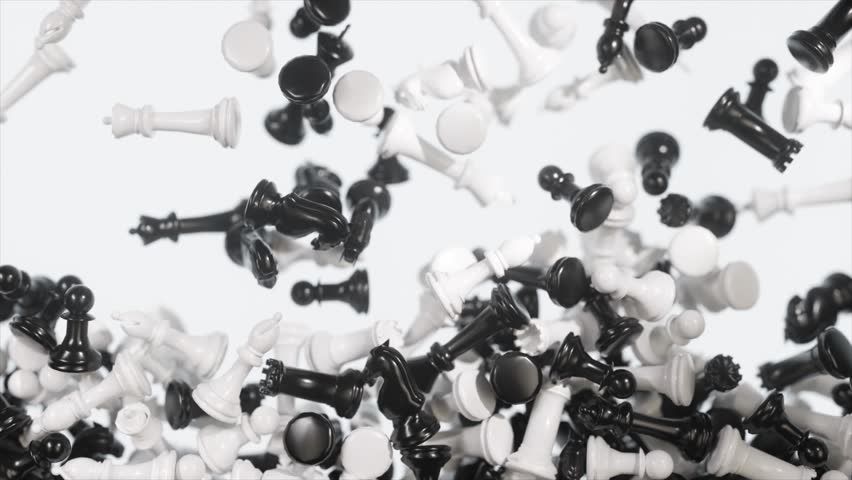 Chess pieces falling onto white surface, creating dynamic pile symbolizing strategic complexity and competitive game dynamics. 3D Illustration - Powered by Shutterstock - Get 15% off with code: PIKWIZARD15