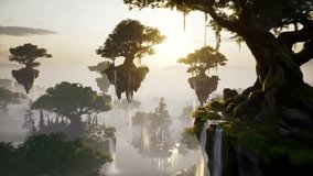 A high-resolution cinematic video of moss-covered floating islands drifting above a misty forest at sunrise. Soft golden sunlight filters through dense fog, illuminating tree canopies and cascading wa - Powered by Shutterstock - Get 15% off with code: PIKWIZARD15