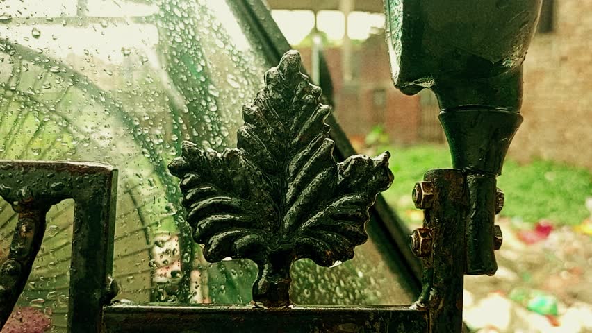 A close-up of a vintage metal leaf ornament on a rainy vehicle, covered in water droplets. - Powered by Shutterstock - Get 15% off with code: PIKWIZARD15