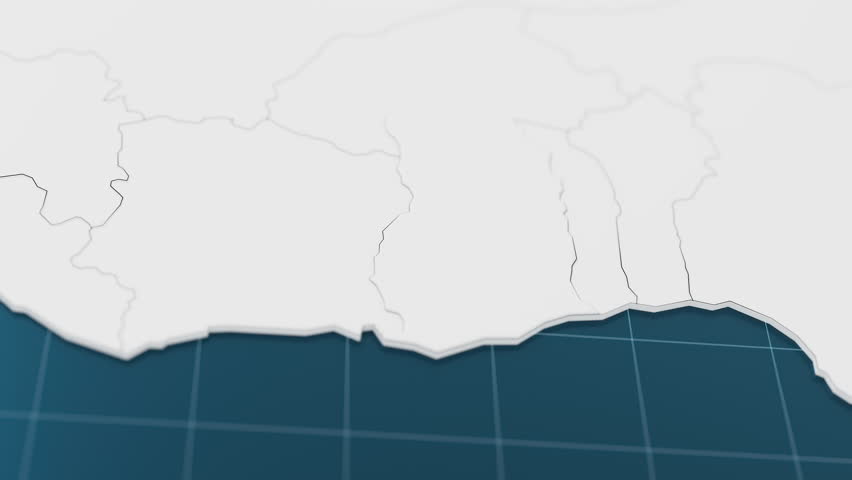 Highlight with blue of Ghana 3d map with pointer pin surrounded with other countries in white. Political map with borders animation. 3d render