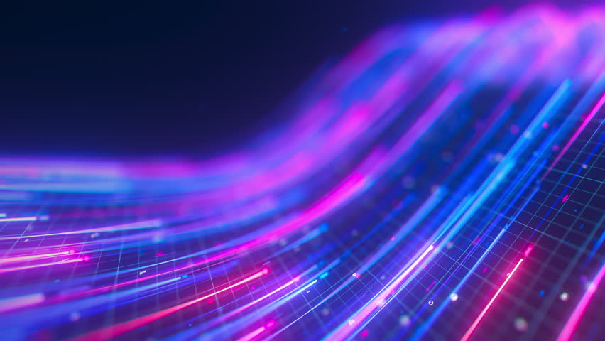 Closeup of Big data light speed warped flow. Abstract digital data stream of quantum computing. Cyberspace of qubit trail waves. Modern tech information transmission.