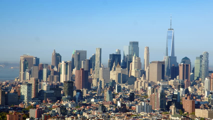 Striking Aerial Shot of Lower Manhattan Skyline. Famous Buildings in New York City. United States. High Quality Content Shot from Helicopter.