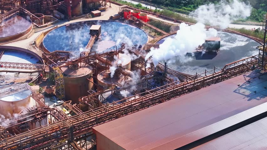 Aerial drone view of Barrick Gold mine's processing area in Cotui, large circular tanks and industrial infrastructure, Dominican Republic