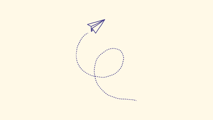 Hand-drawn pencil sketch animation of a paper airplane flying, seamless loop with alpha channel transparency, school-style sticker design
