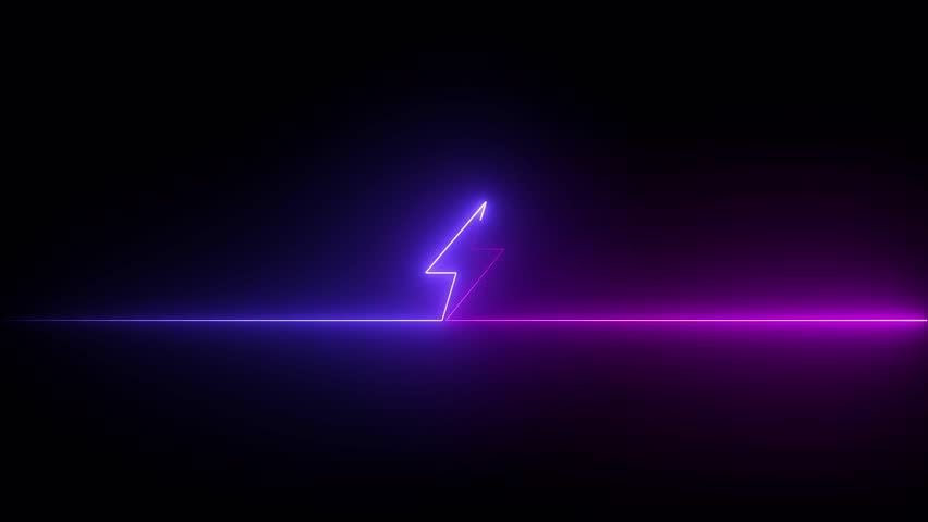 Neon glowing battery charging icon animation. Abstract neon bolt icon with circle on black background Glowing neon battery icon.