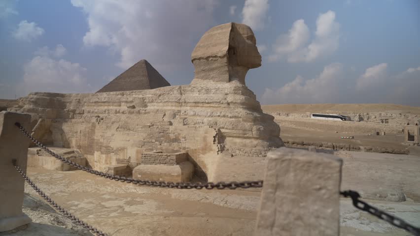 View of the Sphinx at the Great Pyramid of Giza on a sunny day, Giza, Cairo, Egypt, Africa