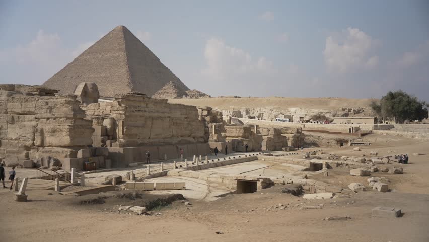 View of the Sphinx at the Pyramids of Giza on a sunny day, Giza, Cairo, Egypt, Africa
