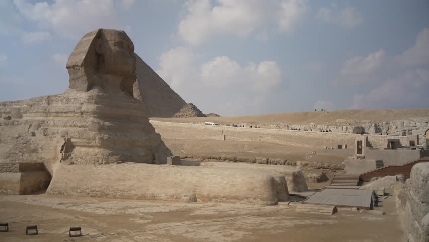 View of the Sphinx at the Great Pyramid of Giza on a sunny day, Giza, Cairo, Egypt, Africa