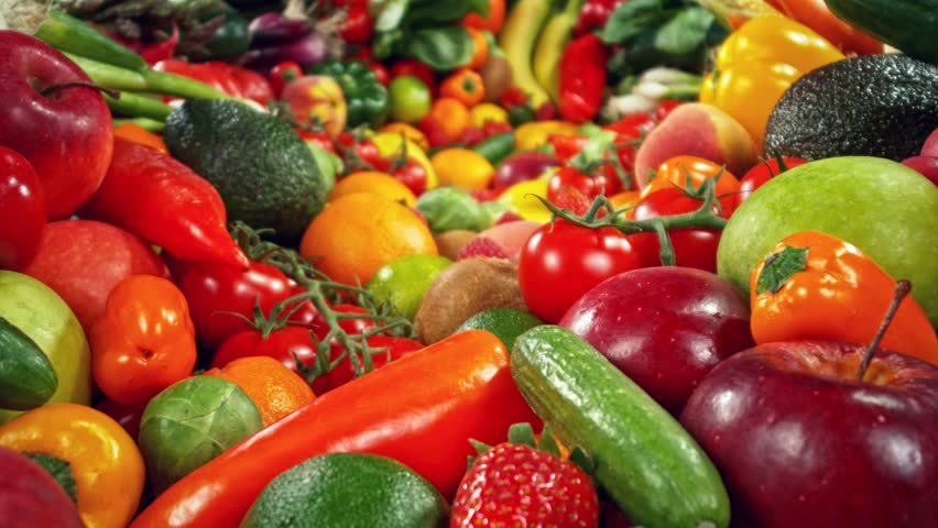 Various Kind of Fresh Fruits and Vegetable. Camera Placed on Motion Control System. Filmed on High Speed Cinema Camera. Camera in Motion.