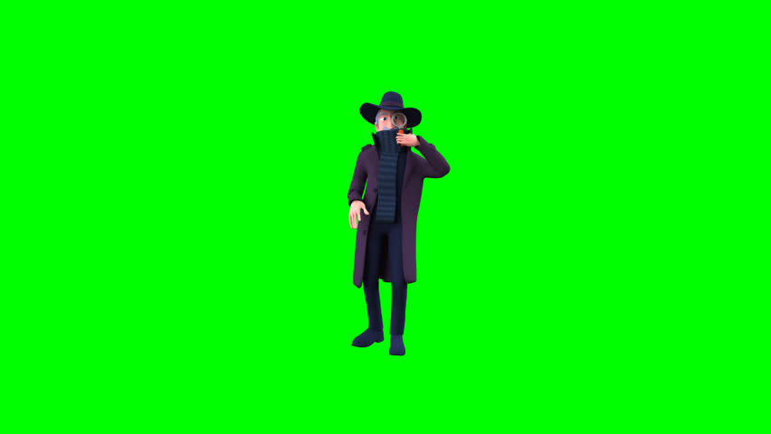 3D green screen animation of a clever spy grandpa examining with a magnifying glass. Perfect for mystery, humor, investigation, or detective-themed digital content.